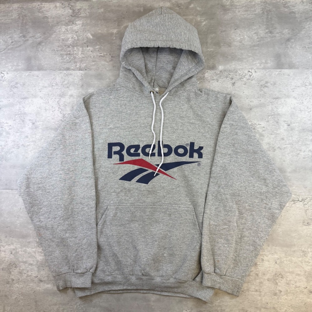 Vintage Reebok Hoodie Mens Large Gray Vector Logo Pullover Made in USA Sweat